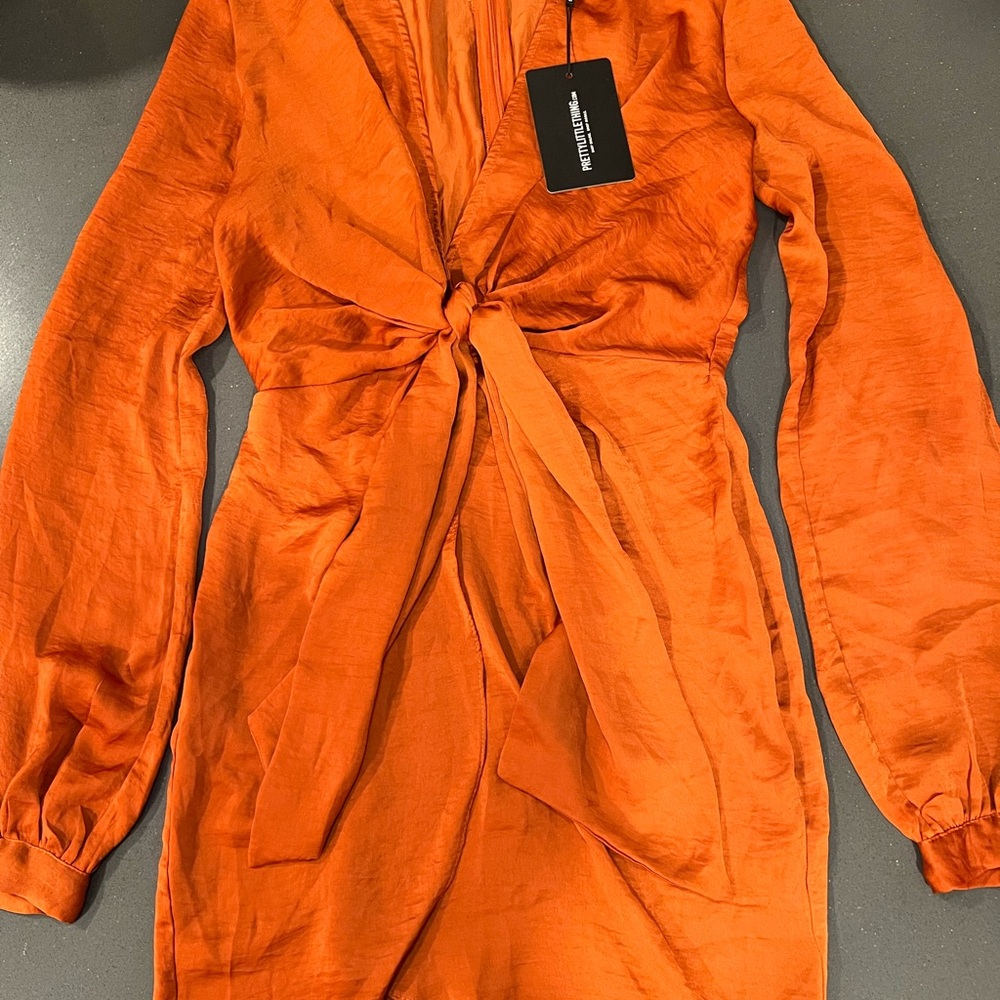 NWT PrettyLittleThing Satin Orange Long Sleeve Dress